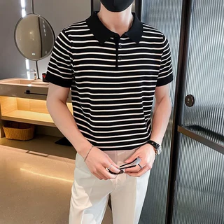 เสื้อโปโลคอปก ลายริ้วกระดุม 3 เม็ด ผ้าหนาไม่บาง สไตล์เกาหลี C41
