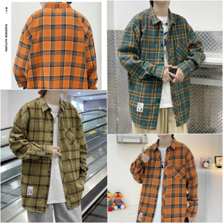 💜🖤 MUA4005 เสื้อเชิ้ตลายตารางผู้ชาย M-XXL คอปกแขนยาว ลวดลายทันสมัย สีyellow/orange/green/ พร้อมส่ง