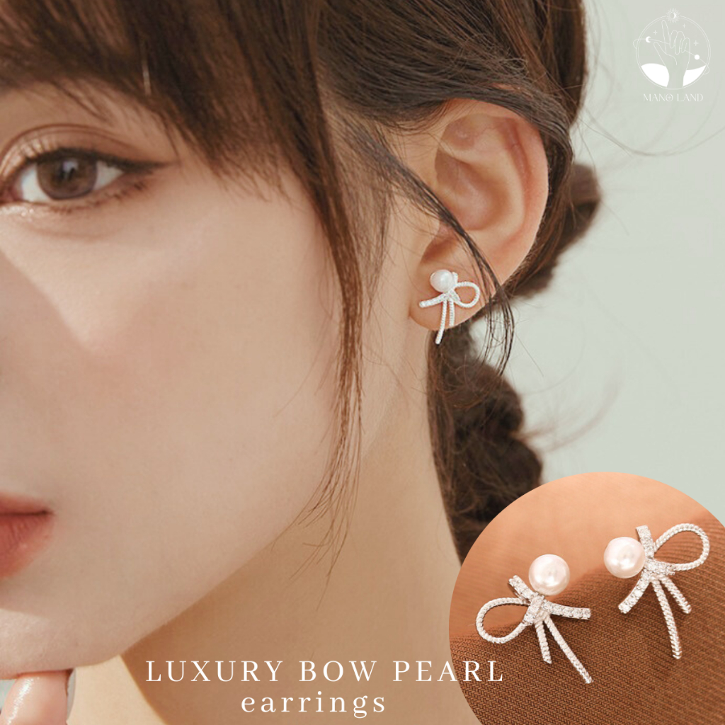 MNL💗LUXURY BOW PEARL ต่างหูเงินแท้โบเพชร ประดับไข่มุก เครื่องประดับแฟชั่น ไม่ลอกดำ ผู้หญิง มินิมอล เกาหลี ออกงาน วันเกิด