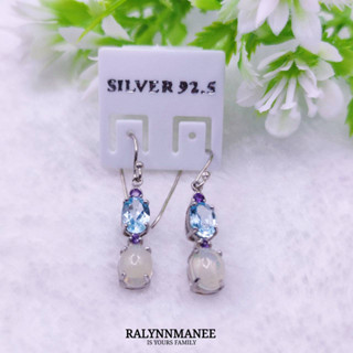 BA036 ต่างหูพลอยโทพาซ,อเมทิสต์,โอปอลแท้ ( Topaz,Amethyst,Opal ) ตัวเรือนเงินแท้ 925 ชุบทองคำขาว ยาว 2.5 ซม.