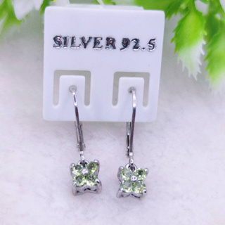 BA023 ต่างหูพลอยเพอริดอทแท้ ( Peridot ) ตัวเรือนเงินแท้ 925 ชุบทองคำขาว