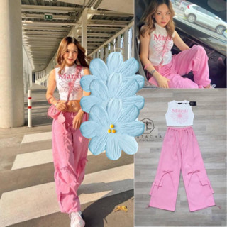 ชุดเซตขายาวเสื้อกล้ามขาวกางเกงขายาวสีชมพู งานป้าย Natacha SizeL ***มือ1ป้ายห้อย