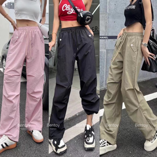 Bentoy(2391)cargo pants กางเกงคาร์โก้ขายาว ดีเทลแต่งเชือกรอบเอว เอวสม็อค ทรงกระบอก ใส่สบายมาก