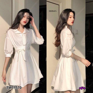 MM11570 เดรสคอปกแขนศอก + สายผูกเอว Collared dress with elbow sleeves + waist tie