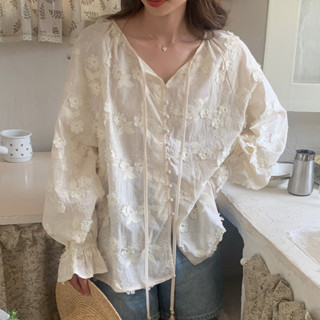 (พร้อมส่ง) Lace minimal shirt 🛋️ C3895 เสื้อเชิ้ตลูกไม้ เชิ้ตแขนยาว เสื้อลูกไม้ เสื้อลูกไม้มินิมอล