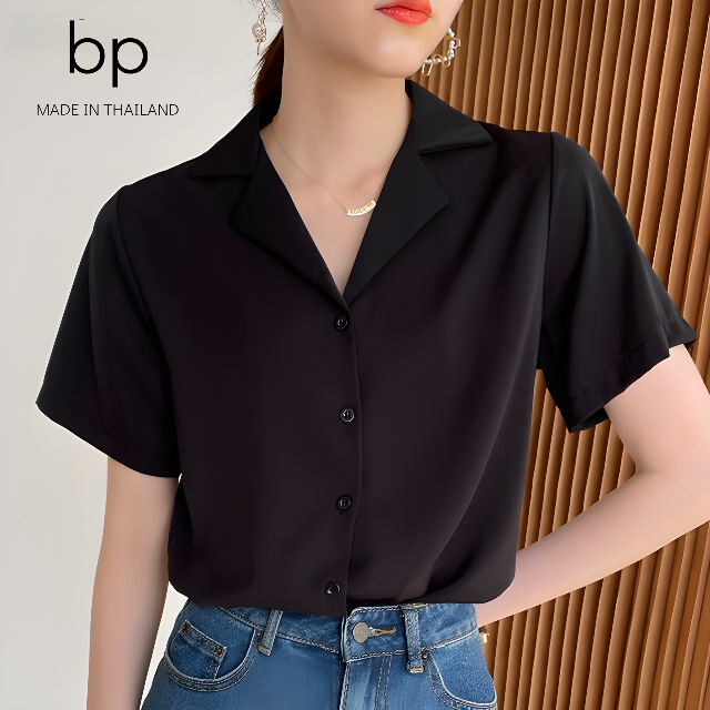 เสื้อเชิ้ตแขนสั้นสีดำ Unisex เรียบๆ ใส่ทำงานใส่เที่ยวสบายตัวแถมน่ารักอีกด้วย ไซส์M-6XL ✨