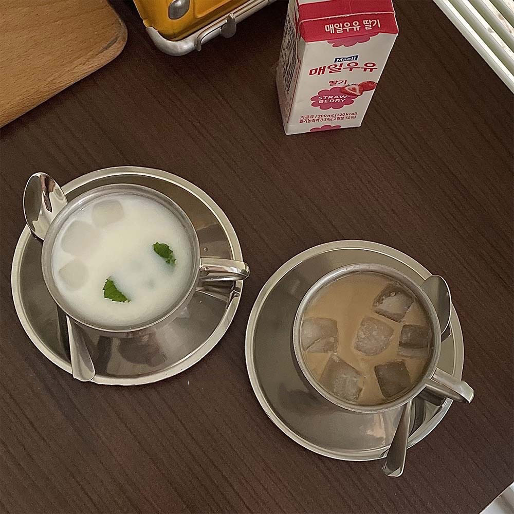 ชุดสูท 3 ชิ้น ชุดถ้วยกาแฟ สเตนเลส แก้วกาแฟสแตนเลส 304 สองชั้น กันความร้อน กันลวก สไตล์เกาหลี สําหรับร้านกาแฟ ของหวาน ร้านเค้ก พร็อพถ่ายภาพ