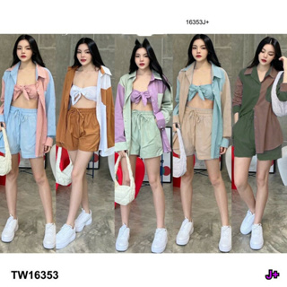 TwinsShopVip💗พร้อมส่ง TW16353 Set 3 ชิ้น เสื้อเชิ้ตแขนยาว + ผ้าผูกอก + กางเกงขาสั้น