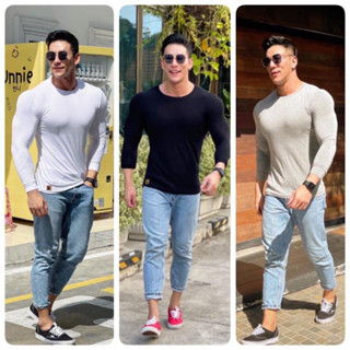 เสื้อยืดผู้ชาย แขนยาวคอกลม ทรงเข้ารูป เนื้อผ้ายืดตามหุ่น งานตัดเอง ไม่ซ้ำใคร แบรนด์MuscleArt ภาพถ่ายจากสินค้าจริง