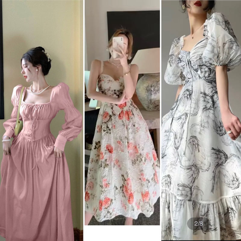 alisa sonya ชุดเดรสแขนตุ๊กตา เดรสลายดอก สไตล์เจ้าหญิง ผ้าชีฟอง