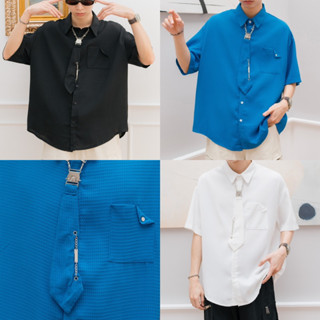 TRENDY SHIRT เสื้อเชิ้ตแขนสั้นทรงโอเวอร์ไซส์ แถมไทด์