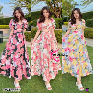 TT18657 เดรสอกห่วง กระโปรงยาว ลายดอกไม้ .Dress with hoops, long skirt, flower pattern..