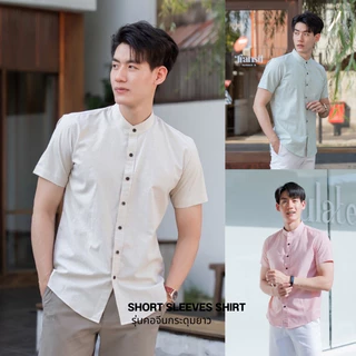 (16 สี) เสื้อเชิ้ตคอจีนแขนสั้น รุ่นกระดุมยาว ผ้า OXFORD (ไซต์ S-XXL) เสื้อผ้าผู้ชาย