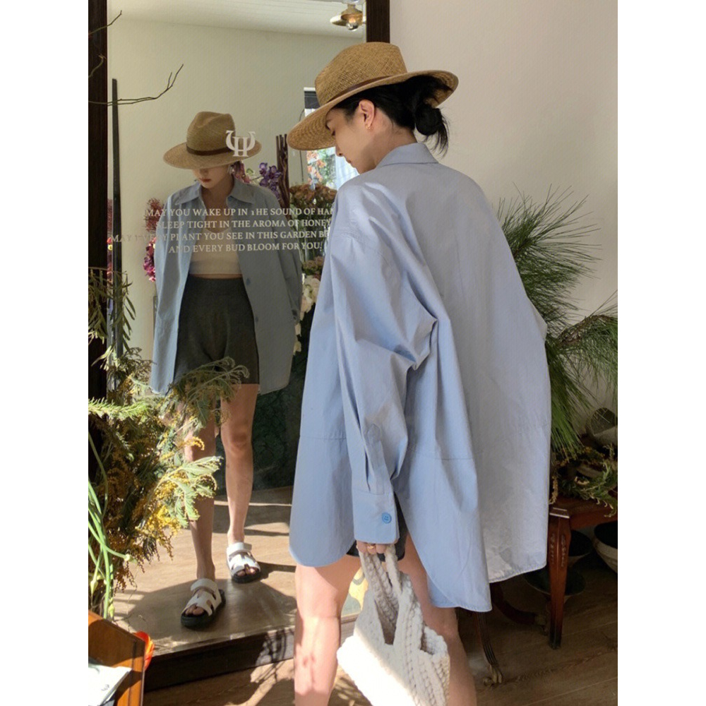 COD PB2990 เสื้อเชิ้ตขนาดใหญ่คอปกแขนยาวผู้หญิงสีน้ำเงิน เสื้อสีทึบแฟชั่นสไตล์เกาหลีวินเทจ