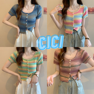 Cici(NO.7285)เสื้อครอปแขนสั้น มีกระดุมหน้า แต่งลายทางสีพาสเทลสุดน่ารัก