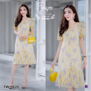 CS10620 เดรสคอวีกระโปรงปล่อยสวิงลายดอก V-neck swing dress with floral pattern