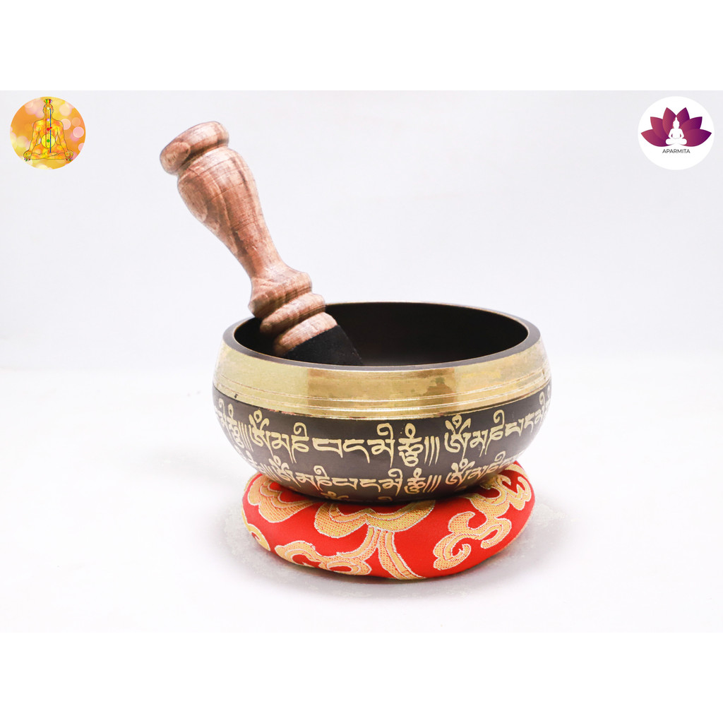 Singing Bowl ขันทำสมาธิลายมนต์ตราทิเบต ขันทิเบต ( สีดำ ) ไม้และหมอนรองคละสี