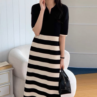 🌈🌿🌼🌸🌺🤎🧡🇰🇷Knit Stripe Polo Maxi Dress