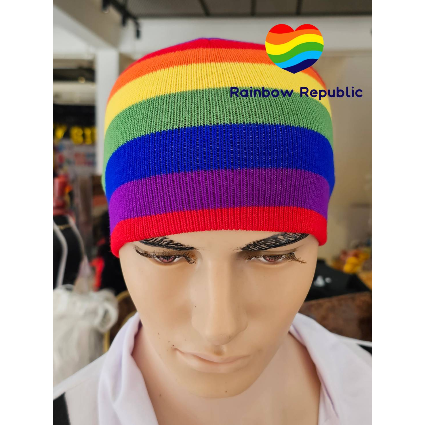 หมวกไหมพรม สีรุ้ง หมวกบีนนี่ Rainbow Pride LGBT LGBTQ Stripe Stripped Multi Color Knit Beanie Hat HipHop