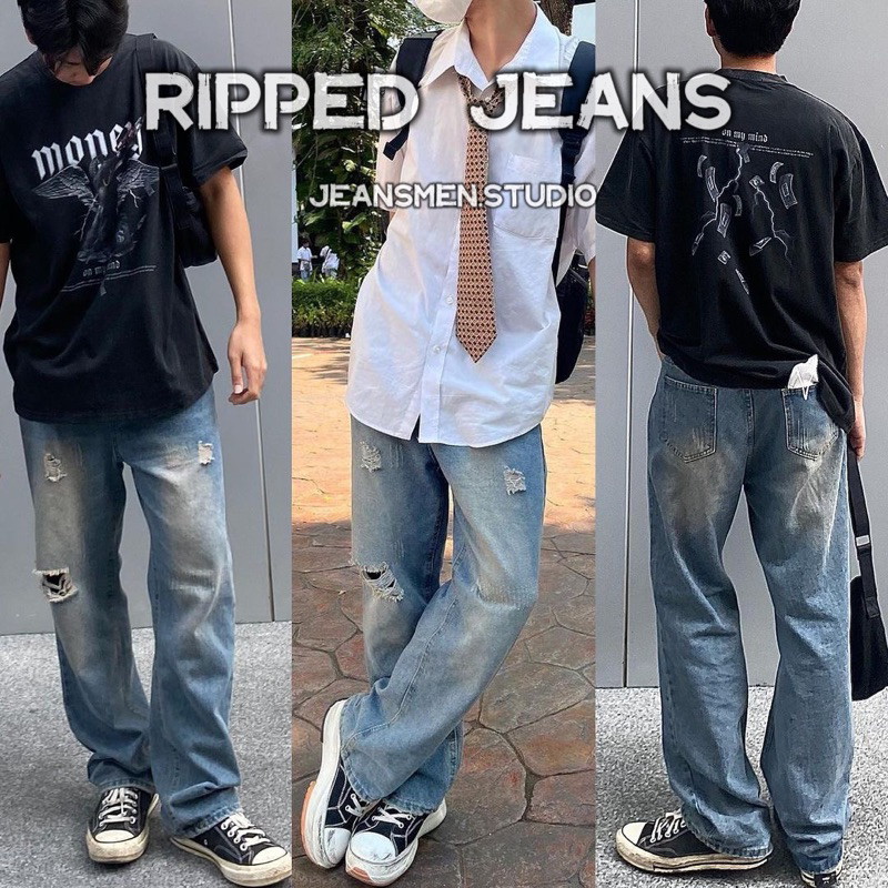 ล้างสต๊อก พร้อมส่ง Ripped jeans (สี Fade Blue )กางเกงยีนส์ทรงกระบอกสีเฟด แต่งขาด โครตเท่