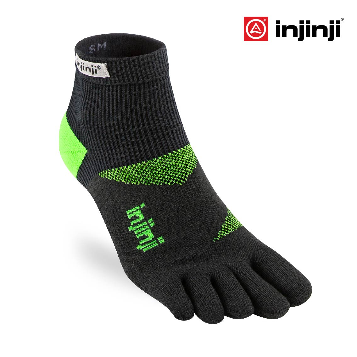 INJINJI ถุงเท้าวิ่งแยกนิ้ว เล่นกีฬา INJINJI รุ่น TRAINER  MINI-CREW ทุกเพศ หุ้มตาตุ่ม LIME สีดำเขียว