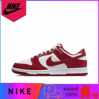 Nike Dunk Low Retro "Gym Red" ของแท้ 100% กันลื่นน้ำหนักเบาสวมใส่สบาย ๆ รองเท้าผ้าใบไม่หุ้มข้อสีขาวสีแดง