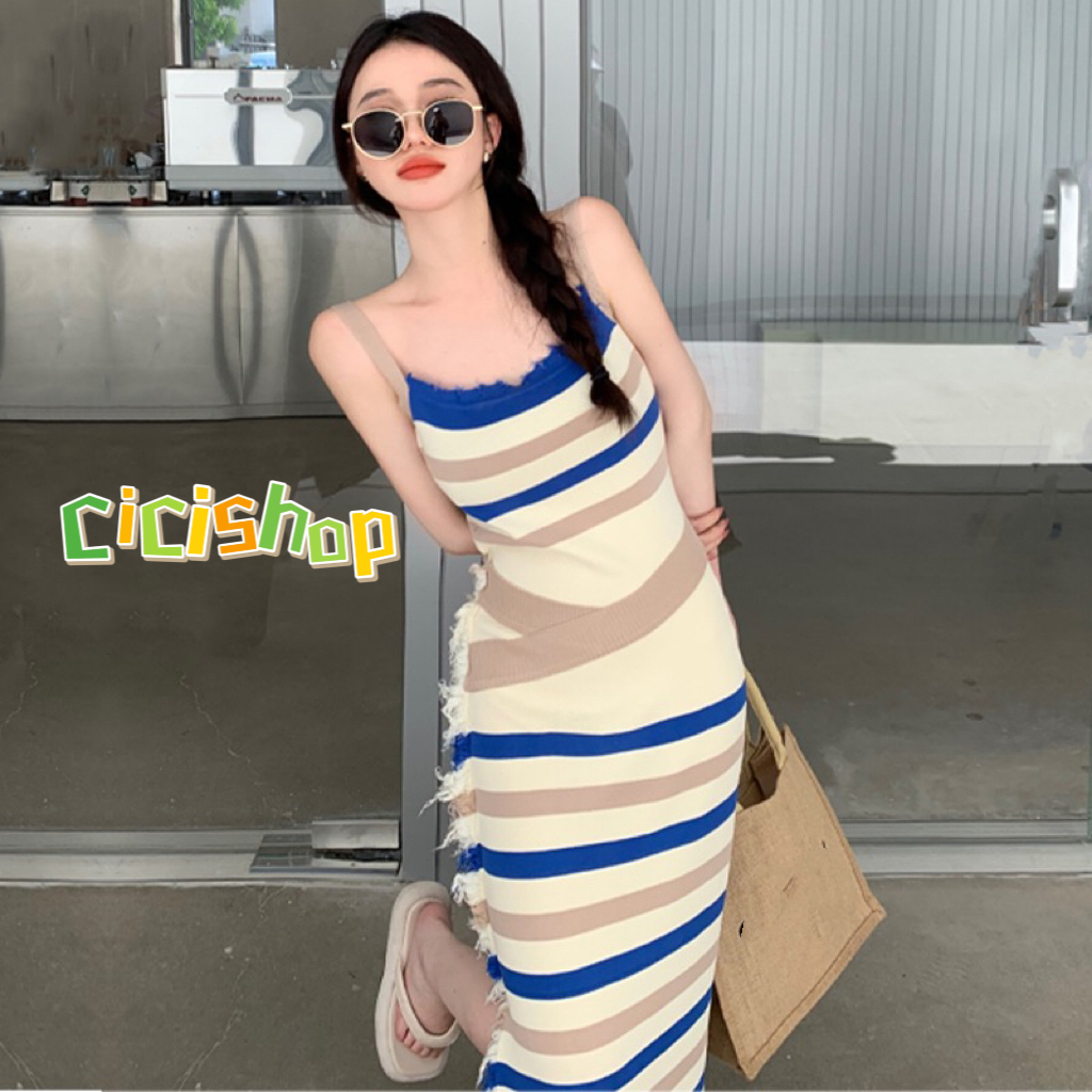 Cicishop(3CX42)ชุดเดรสกระโปรงยาว ผ้าไหมพรมลายทาง แต่งพู่ด้านข้าง สไตล์เกาหลีหวานๆ