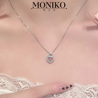 MONIKO เครื่องประดับ สร้อยคอ จี้หัวใจ ประดับเพชรเทียม เพทาย สีชมพู สําหรับผู้หญิง