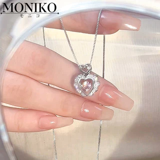 MONIKO เครื่องประดับ สร้อยคอ จี้หัวใจ ประดับเพชรเทียม เพทาย สีชมพู สําหรับผู้หญิง