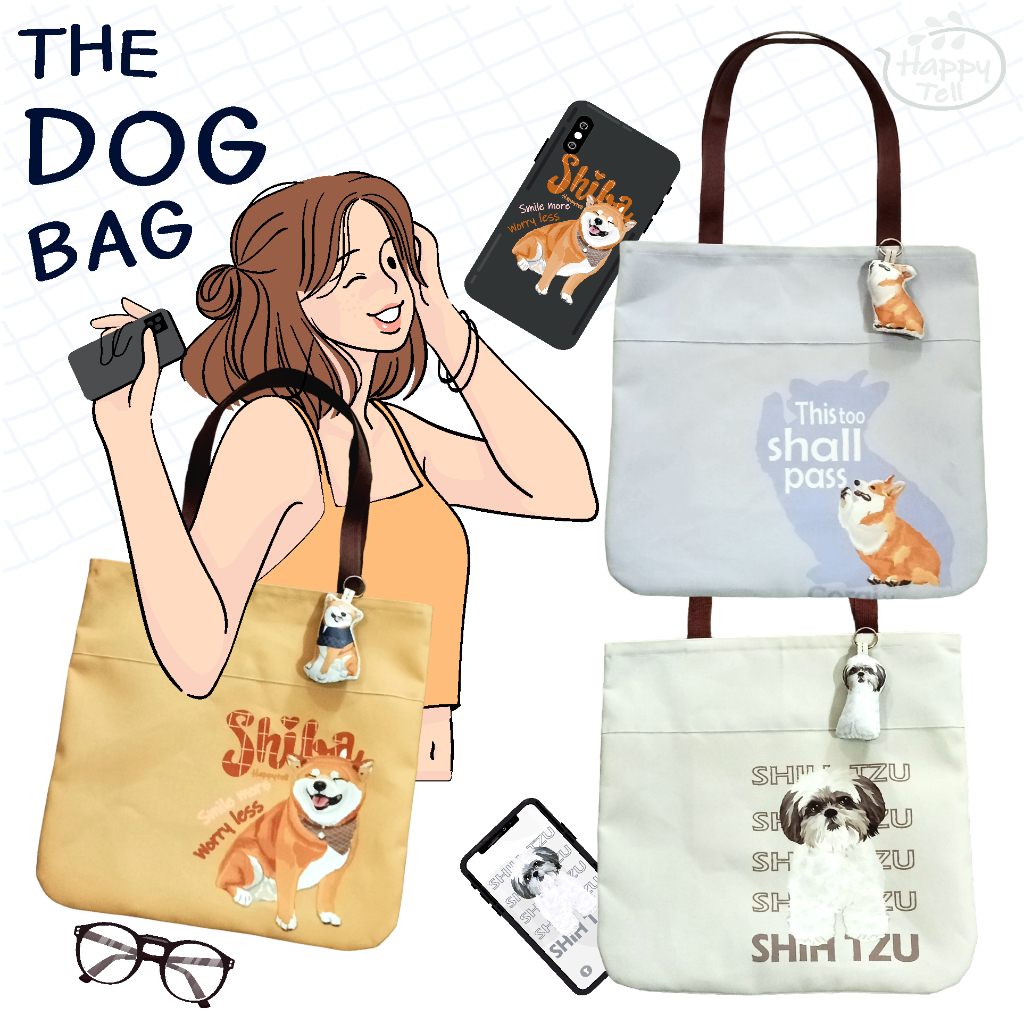 Happy Tell กระเป๋าสะพายข้าง ผ้าแคนวาส Shoulder bag ลายน้องหมาสุดน่ารัก