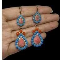 ต่างหู หินเทอร์ควอยส์ และ หินปะการัง แฮนเมด Afghan Turquoise &amp; Coral Earrings Dangle Jewelry Gemstone Handmade