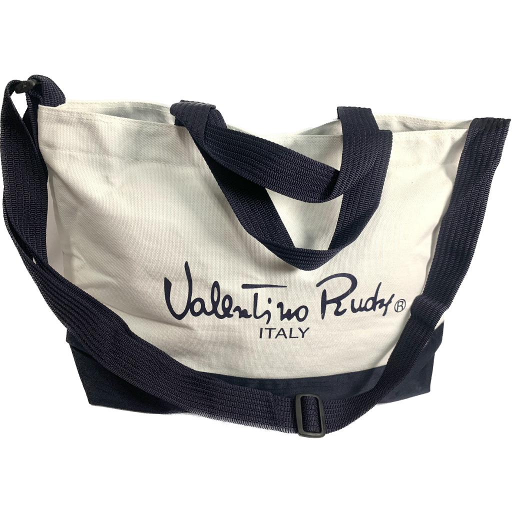 Valentino Rudy Shopping Bagกระเป๋าถือและสะพายผ้าหนามีปุ่มล็อคด้านบนสีขาว-น้ำเงินเข้มสวยเหมาะสำหรับไปช็อปปิ้งขนาด49*12*32