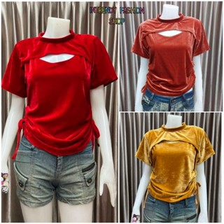 ( พร้อมส่ง ) เสื้อยืดกํามะยี่รูดข้าง คอเต่าเว้าอกสวยเซ็กซี่น่ารัก Free size:38 - 42 นิ้ว.