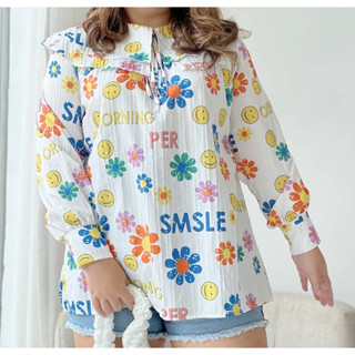 เสื้อเชิ้ต PLUSSIZE ทรงเจ้าหญิง ผ้าด๊อบบี้พิมพ์ลาย อก38-46นิ้ว