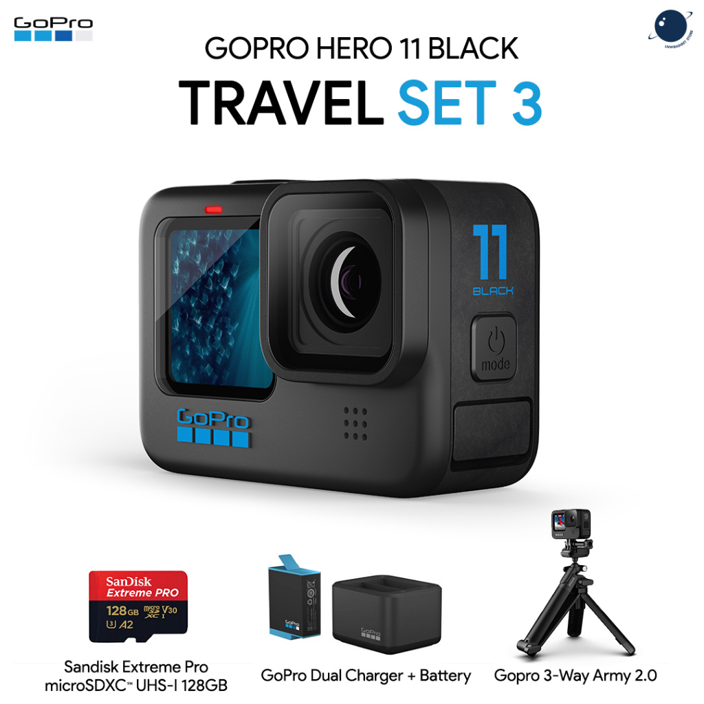 GoPro Hero 11 Black Travel Pack Set 3 (Sandisk Extreme Pro 128GB, Gopro 3-Way Army, แท่นชาร์จ และ แบตเตอรี่ GoPro)