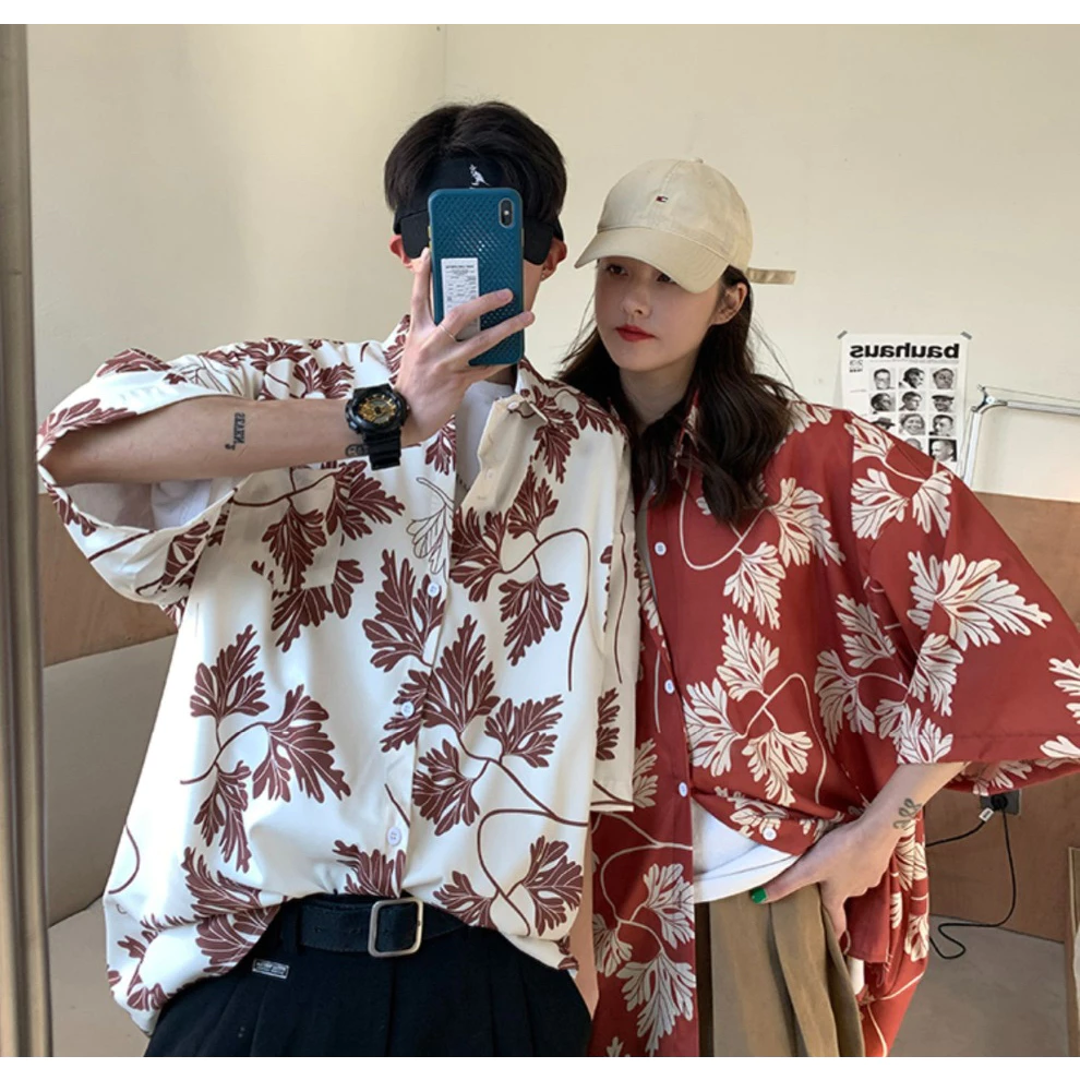 เสื้อเชิ้ตแขนสั้น สไตล์เกาหลี ลายดอกสีแดง ยูนิเซ็กส์ thumbnail 4