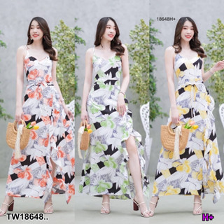 J18648 เดรสยาว สายเดี่ยวไขว้หลัง ผ่าแหวกระบายด้านหน้า Long dress, single strap crossed back split front