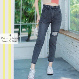 BabarryJeans มีบิ๊กไซส์ S-5XL กางเกงขายาว ทรงบอยสลิม เอวสูง แต่งขาด สีดำฟอก