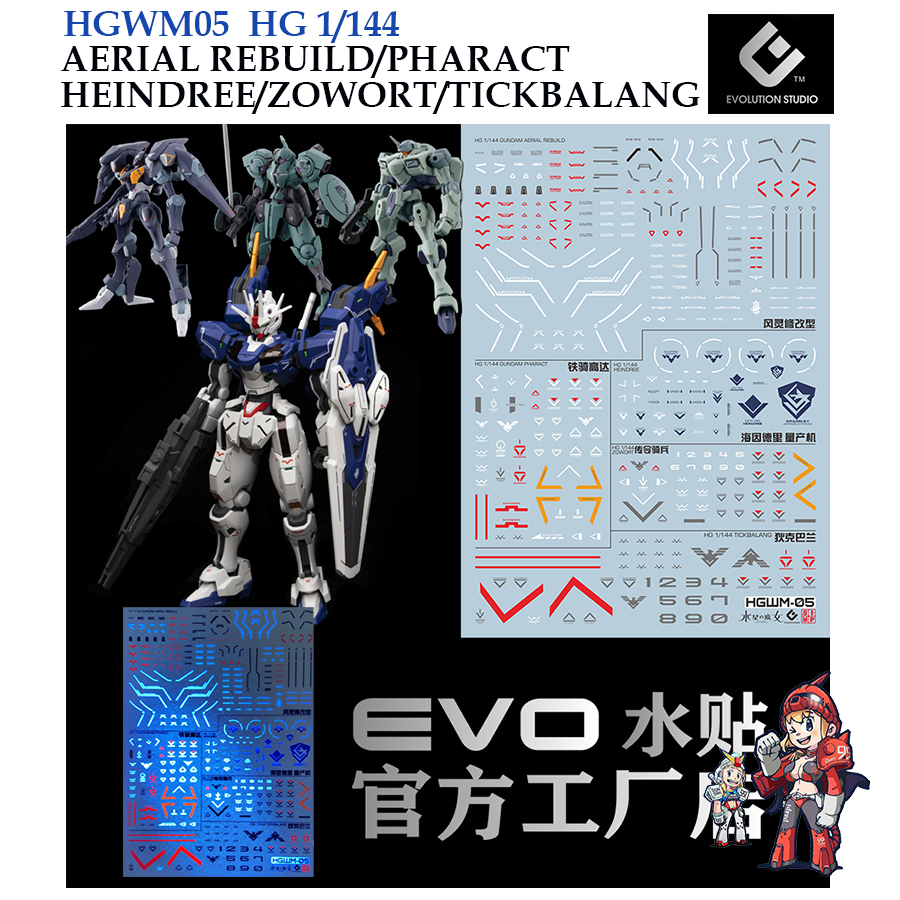 ดีคอลน้ำ [EVO] HGWM 05 HG 1/144 AERIAL REBUILD /PHARACT/HEINDREE/ZOWORT/TICK BALANG [4IN1] WATER DEC