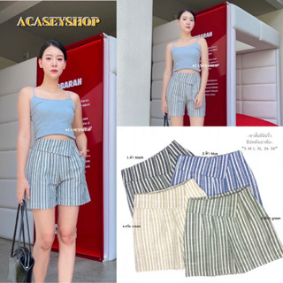 Acasey กางเกงขาสั้นผู้หญิง ผ้าลินิน ขอบพับ ลายริ้ว ซิปหลัง ไซส์ S - 3XL