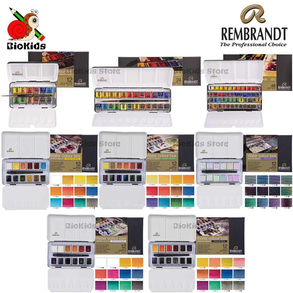 Rembrandt Half Pan Water Colours Set 12/24/48 I ชุดกล่องโลหะสีน้ำก้อนพร้อมพู่กันเกรดอาร์ทติส