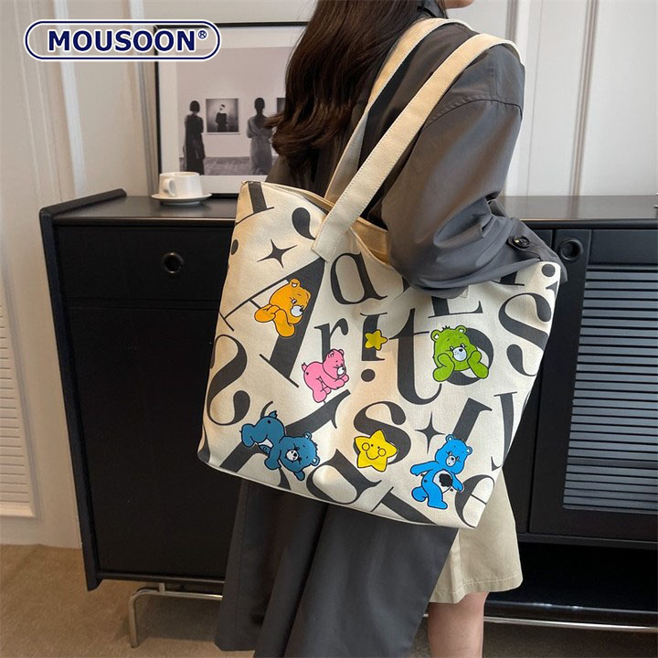Mousoon Co-Branded Cartoon Tote Bag Canvas Large Capacity Hand Carry Shopping Mommy Shoulder Bag แบรนด์อินเทรนด์