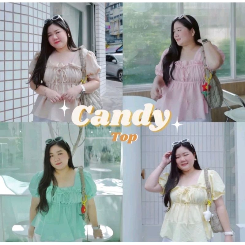 (ส่งต่อ) omelet.style | Candy Top เสื้อคอเหลี่ยม แขนจั้มชายระบาย #เสื้อผ้าสาวอวบ Plussize