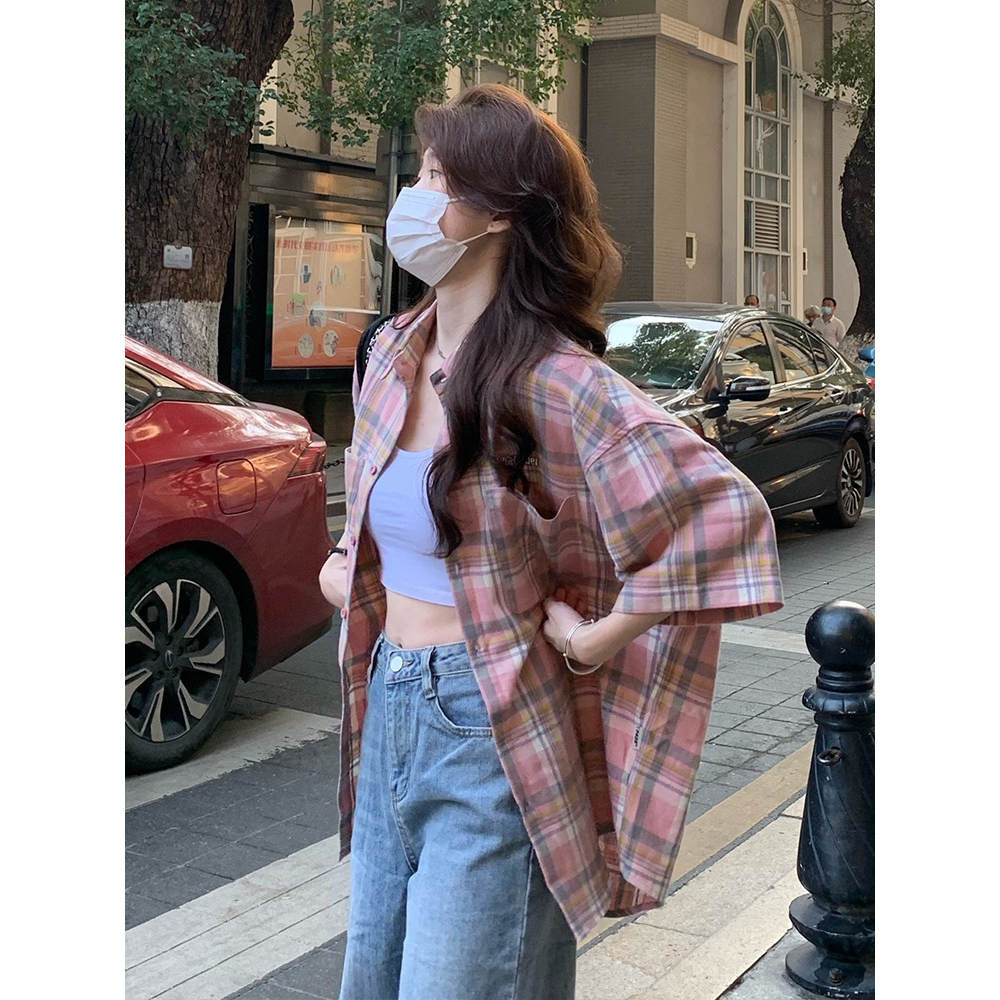 พร้อมส่ง SMD2989 เสื้อเชิ้ตลายสก๊อตคอปกแขนยาวผู้หญิง oversize เสื้อแฟชั่นสตรีทสไตล์เกาหลีลำลอง