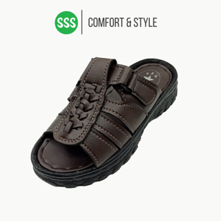 SSS Warder 9204 (40-45) รองเท้าแตะผู้ชาย เย็บพื้น หนังPU แบบสวม รองเท้าพระ (ดำ,น้ำตาล)