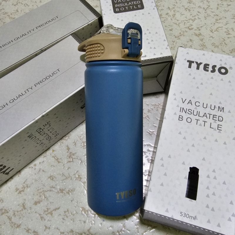 แก้วเก็บความเย็น TYESO สีน้ำเงิน มีหูจับ กดเปิด ไม่มีน้ำเกาะแก้ว เก็บความเย็น/ความร้อนได้ ยี่ห้อtyes