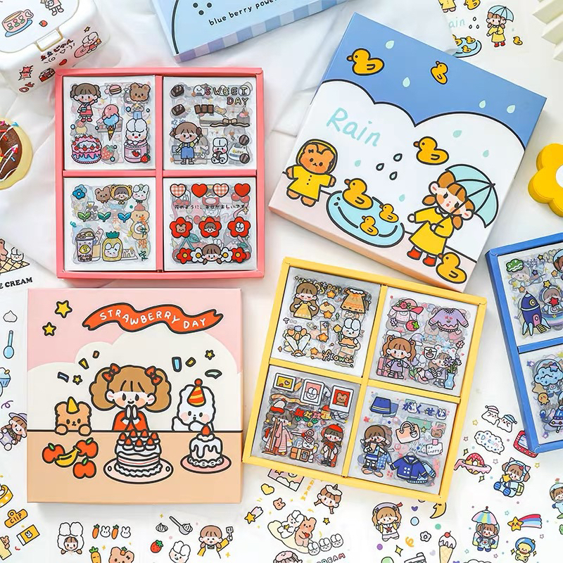 พร้อมส่ง สติกเกอร์PVC ใส แบบกล่อง100แผ่น สติ๊กเกอร์ไดคัท ลายน่ารัก สติ๊กเกอร์ตกแต่ง