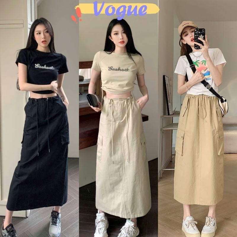 Vogue🌟พร้อมส่ง🌟 กระโปรงยาวเอวสูง เอวสม๊อค กระเป๋าสองข้าง แนวสตรีท (2351) -NZ-XM