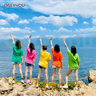 ONLY&amp;YOU เสื้อนีออน เสื้อยืดนีออน เสื้อสียืดสีพื้น นีออน Neonเป็นเซตคู่แถมกับถุงเท้าฟรีไซต์หลากสีสะท้อนแสง แขนสั้น ใส่ได้ทั้งชายและหญิง T-Shirts