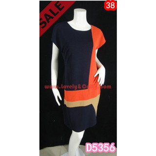 Sale (อก38) D5356 Dressผ้าจอเจียร์เนื้อทราย ผ้าต่อสลับสี ด้านหลังสีดำ